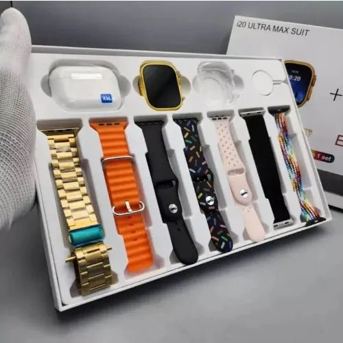 I20 Ultra Max Smartwatch Box 2.3 Display, Earbuds & 7 Straps Included