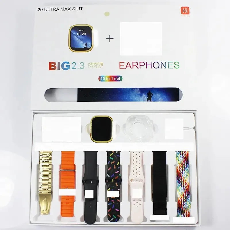 I20 Ultra Max Smartwatch Box 2.3 Display, Earbuds & 7 Straps Included